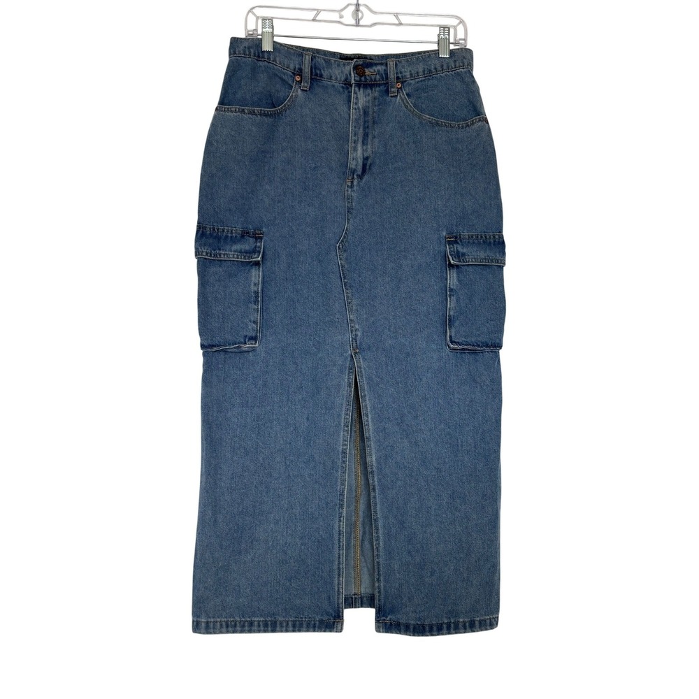 Sincerely Jules Denim Cargo Maxi Skirt Medium Wash Front Slit Size 11/29